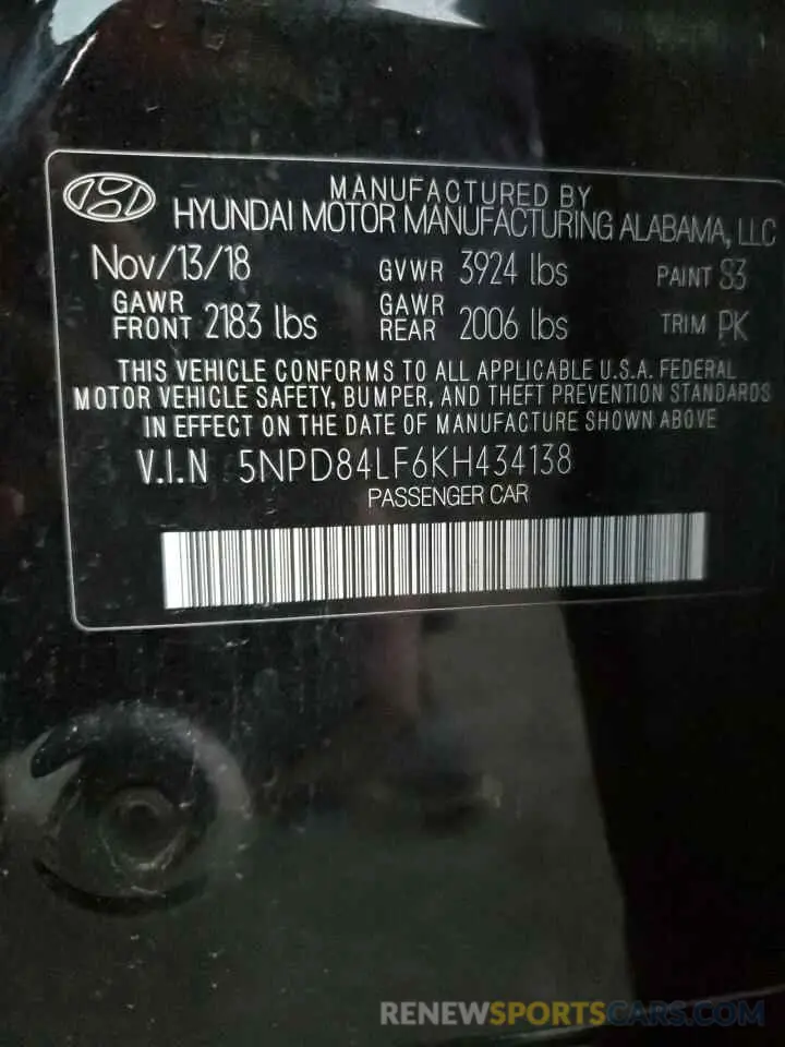 12 Photograph of a damaged car 5NPD84LF6KH434138 HYUNDAI ELANTRA 2019