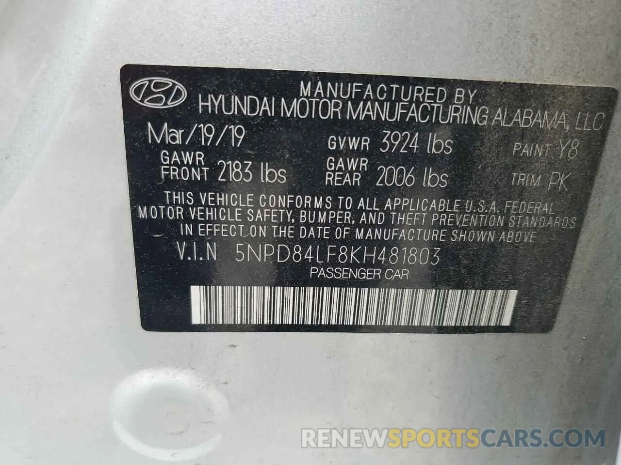 12 Photograph of a damaged car 5NPD84LF8KH481803 HYUNDAI ELANTRA 2019