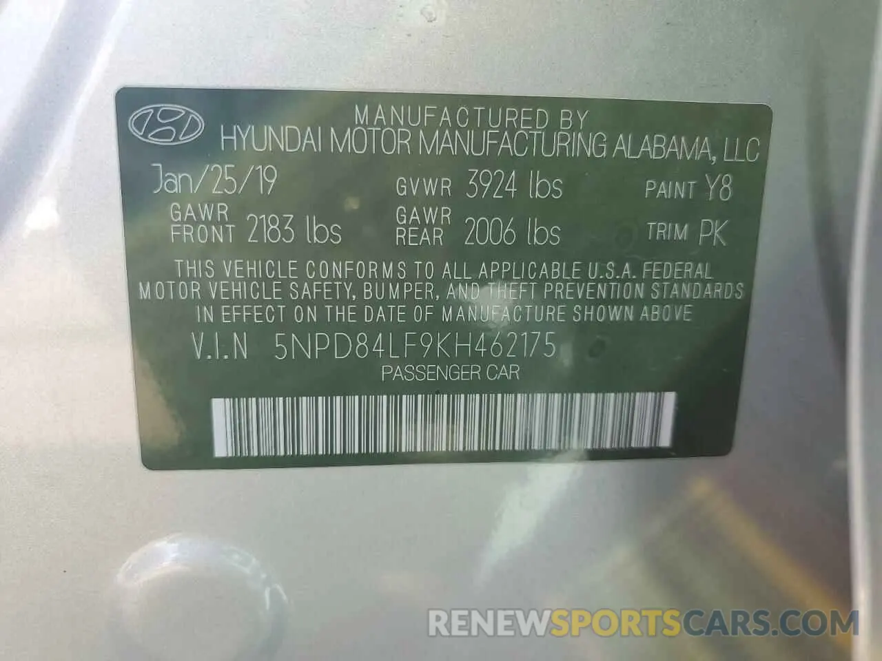 12 Photograph of a damaged car 5NPD84LF9KH462175 HYUNDAI ELANTRA 2019