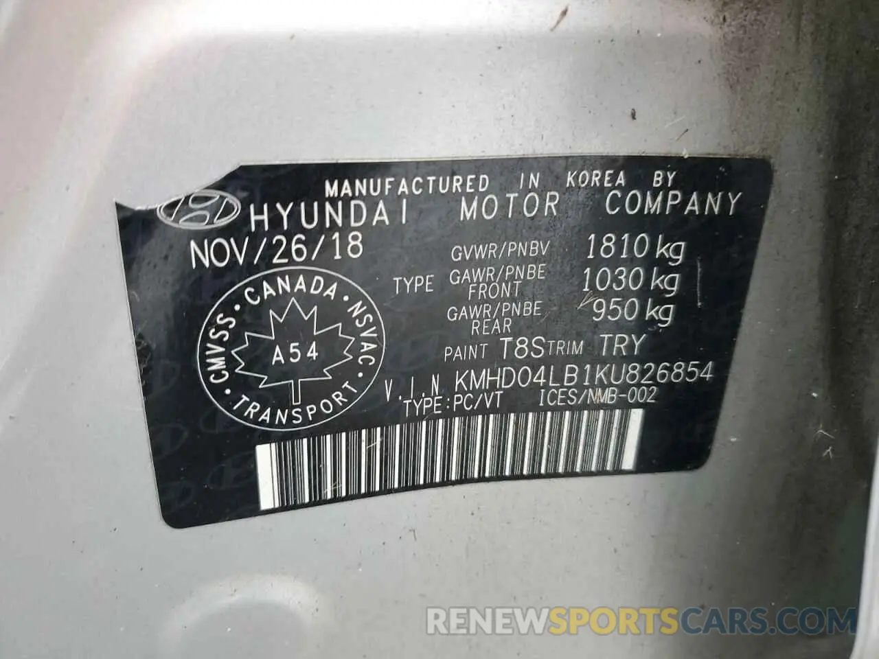 12 Photograph of a damaged car KMHD04LB1KU826854 HYUNDAI ELANTRA 2019