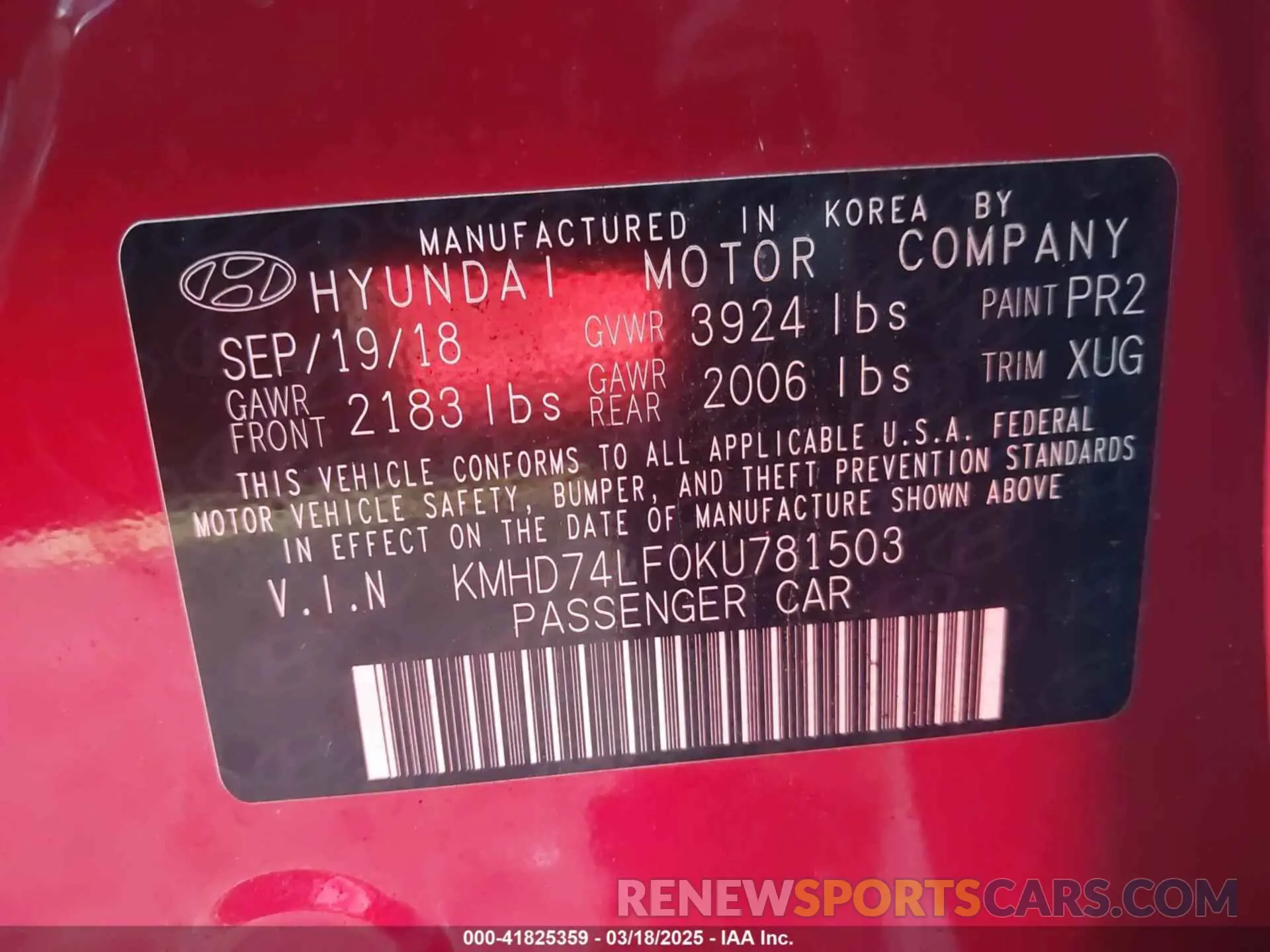9 Фотография поврежденного автомобиля KMHD74LF0KU781503 HYUNDAI ELANTRA 2019