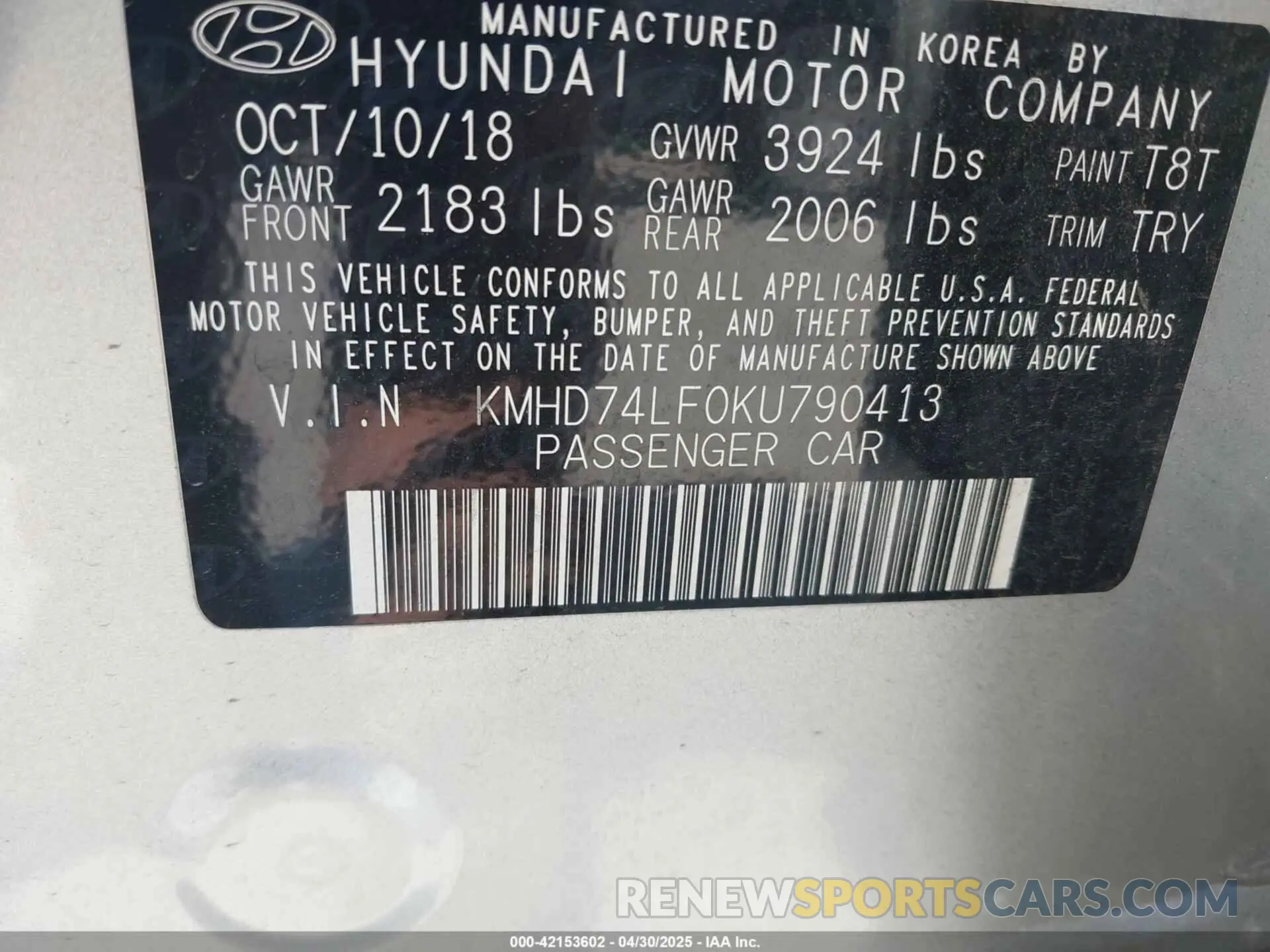 9 Photograph of a damaged car KMHD74LF0KU790413 HYUNDAI ELANTRA 2019