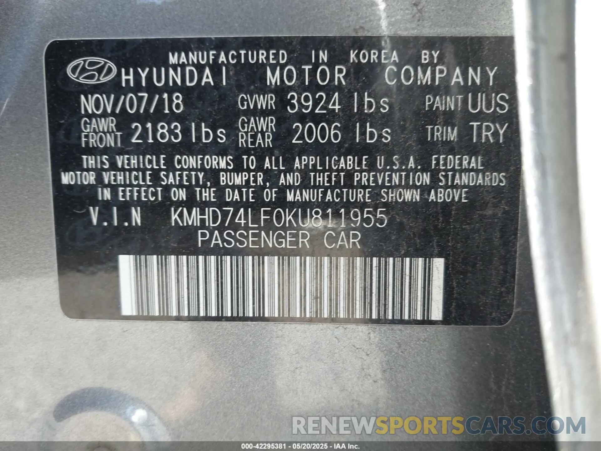 9 Photograph of a damaged car KMHD74LF0KU811955 HYUNDAI ELANTRA 2019
