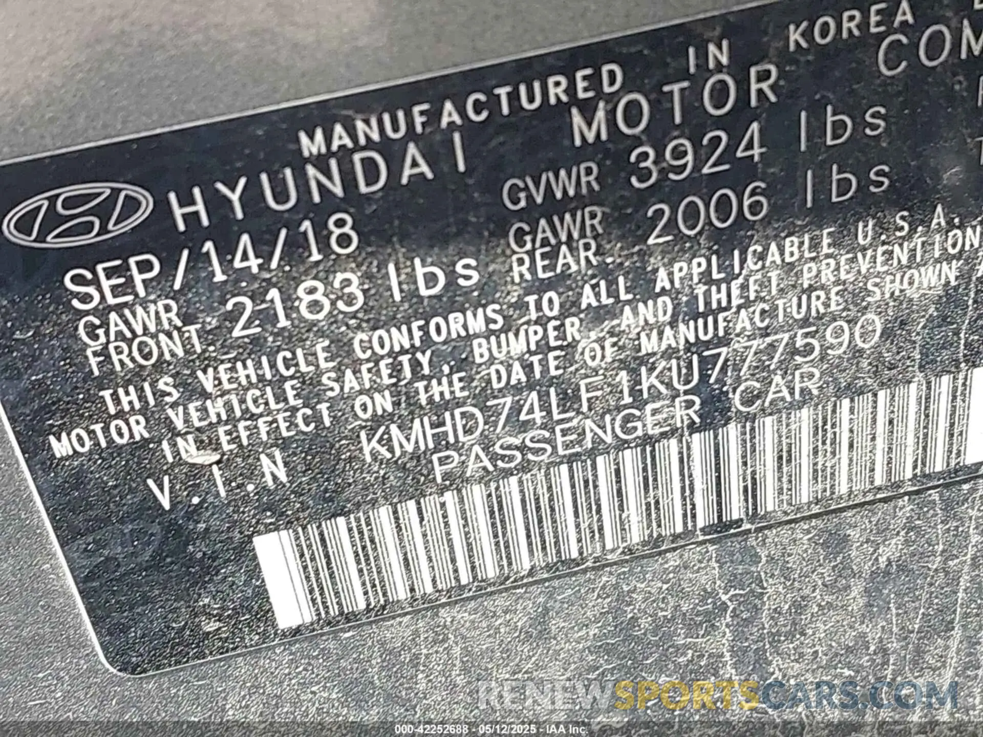9 Фотография поврежденного автомобиля KMHD74LF1KU777590 HYUNDAI ELANTRA 2019