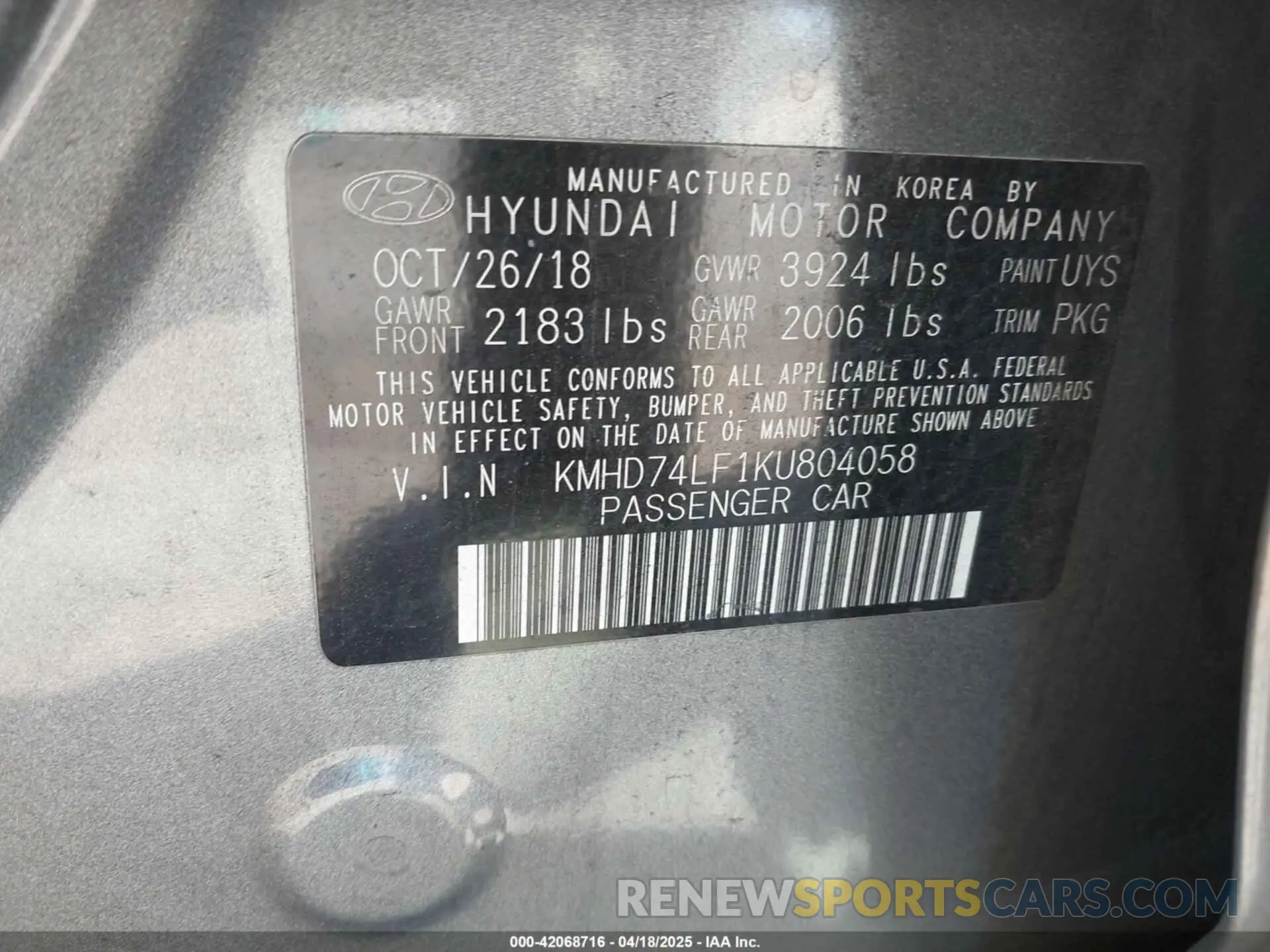 9 Photograph of a damaged car KMHD74LF1KU804058 HYUNDAI ELANTRA 2019