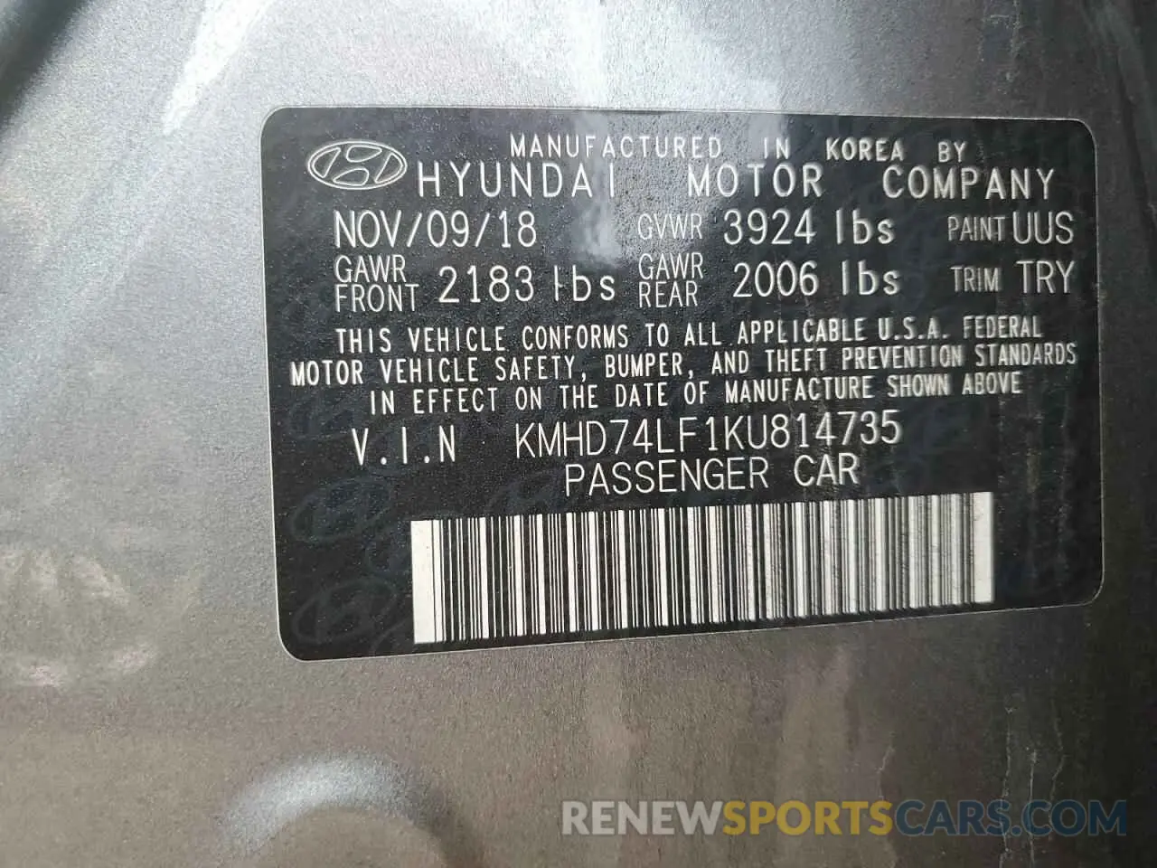 13 Фотография поврежденного автомобиля KMHD74LF1KU814735 HYUNDAI ELANTRA 2019