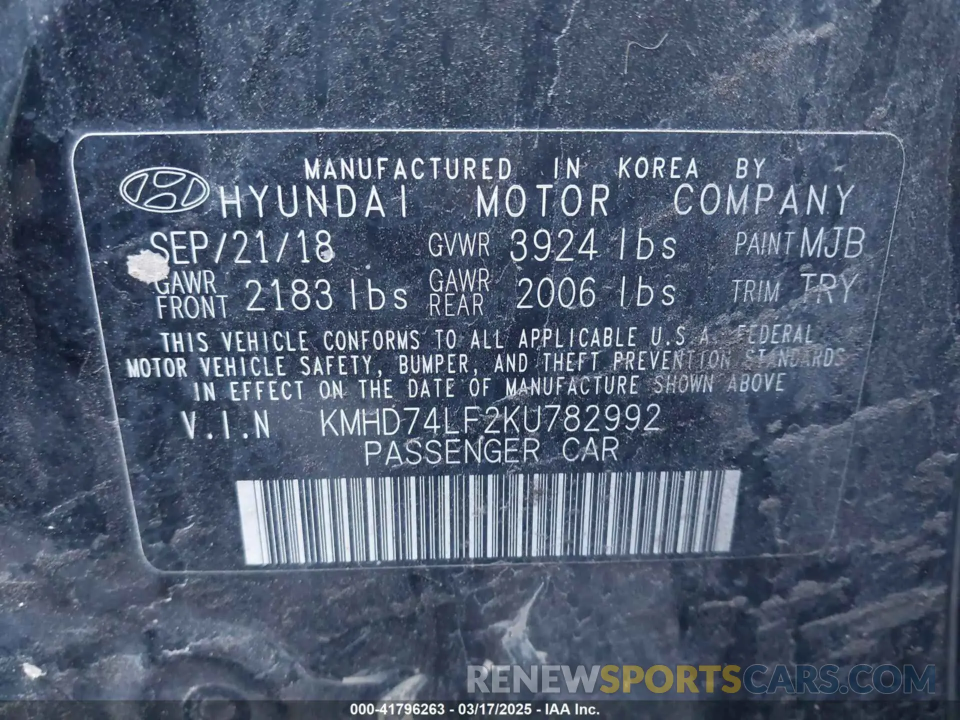 9 Photograph of a damaged car KMHD74LF2KU782992 HYUNDAI ELANTRA 2019