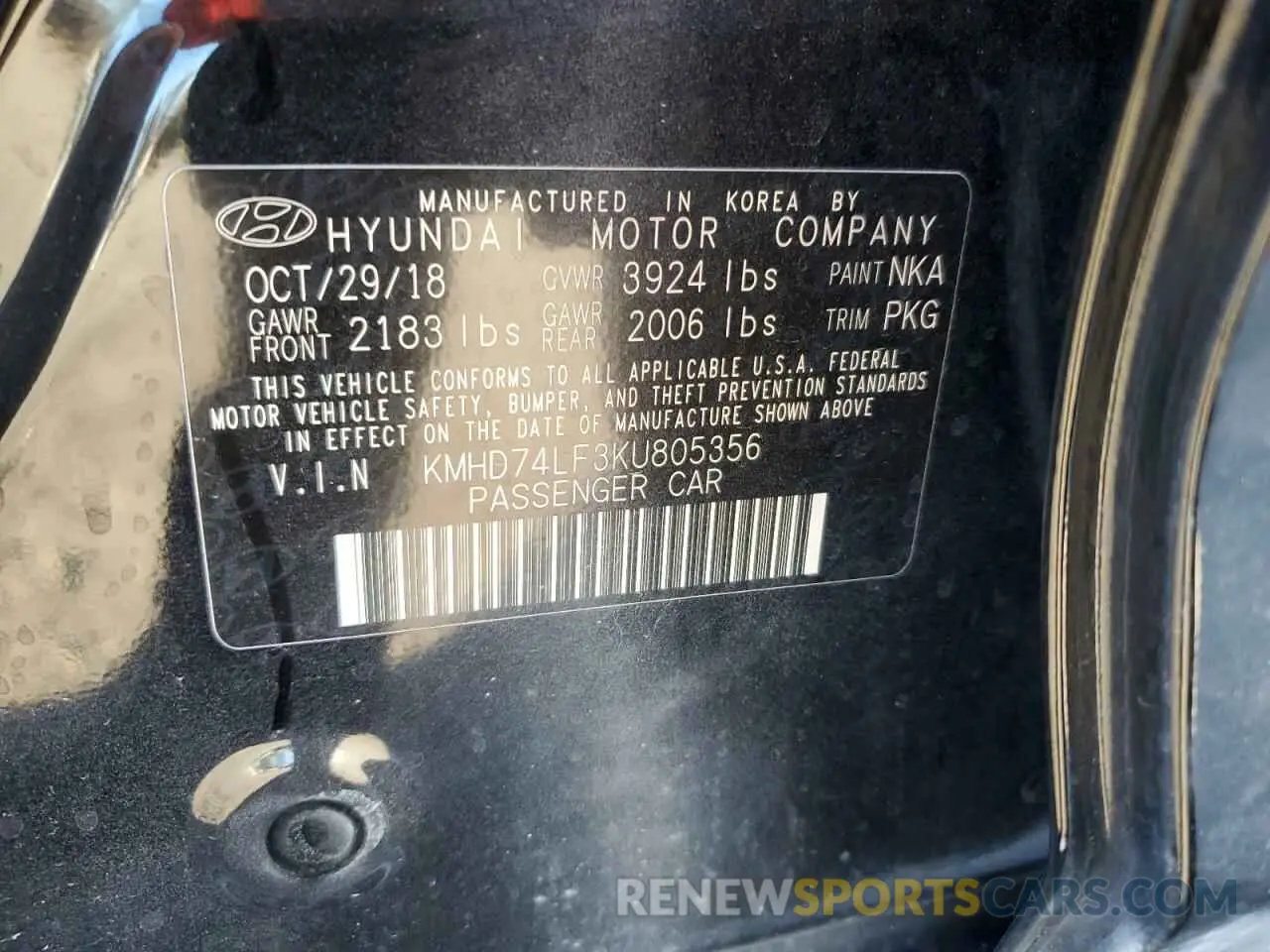 13 Фотография поврежденного автомобиля KMHD74LF3KU805356 HYUNDAI ELANTRA 2019