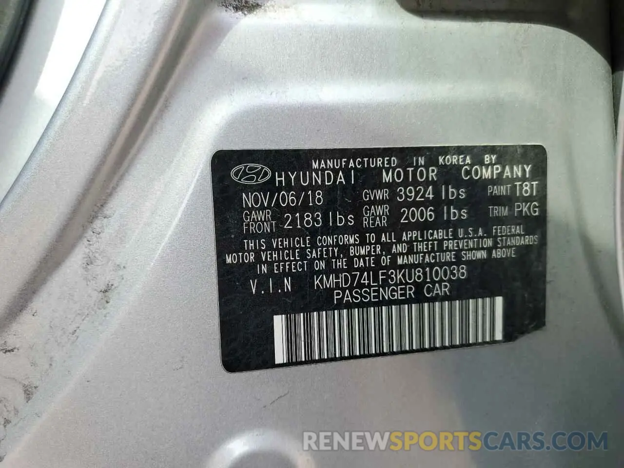12 Photograph of a damaged car KMHD74LF3KU810038 HYUNDAI ELANTRA 2019