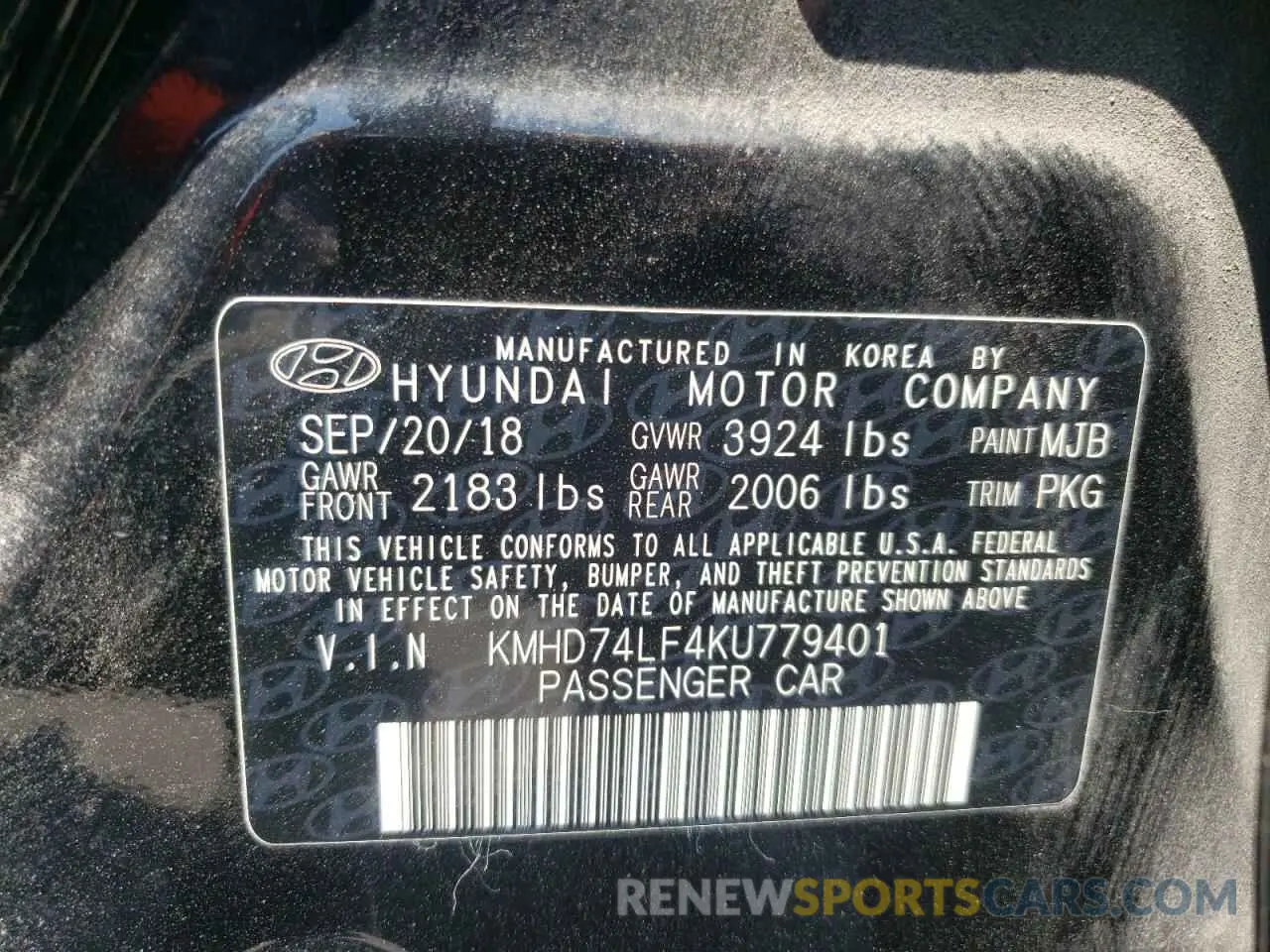 12 Photograph of a damaged car KMHD74LF4KU779401 HYUNDAI ELANTRA 2019