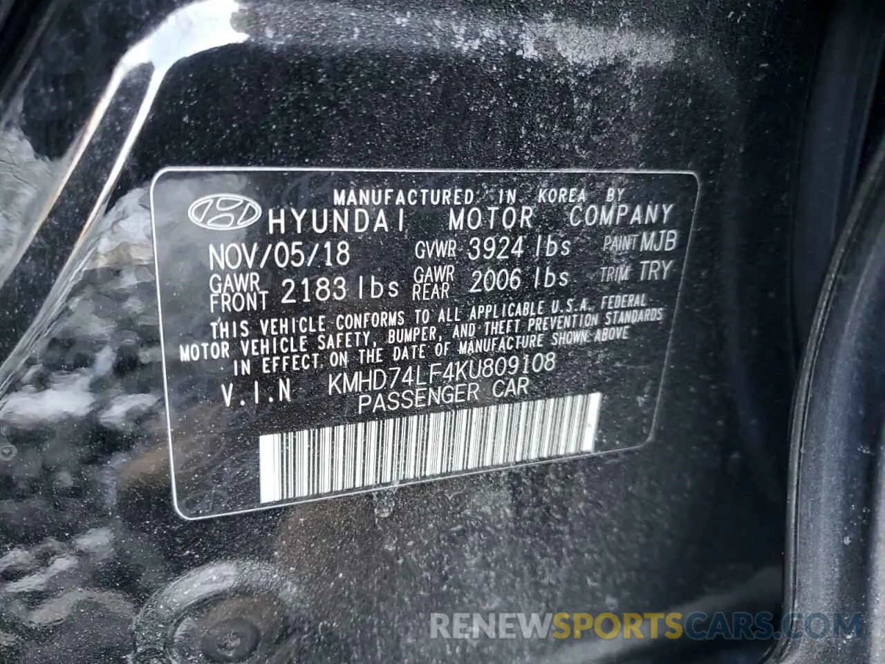 13 Photograph of a damaged car KMHD74LF4KU809108 HYUNDAI ELANTRA 2019