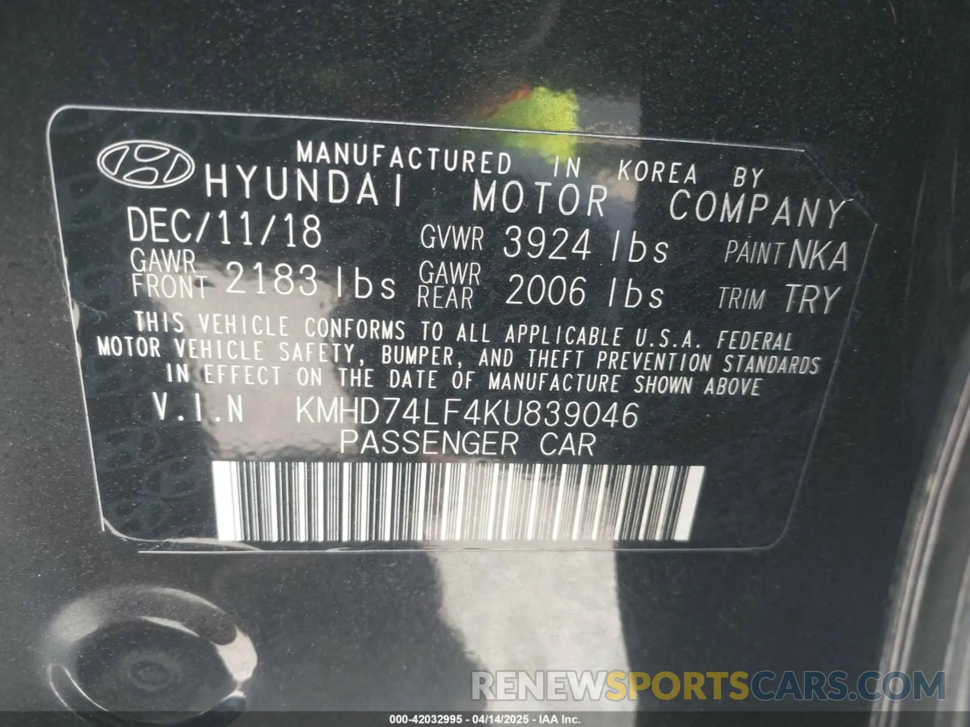 9 Photograph of a damaged car KMHD74LF4KU839046 HYUNDAI ELANTRA 2019