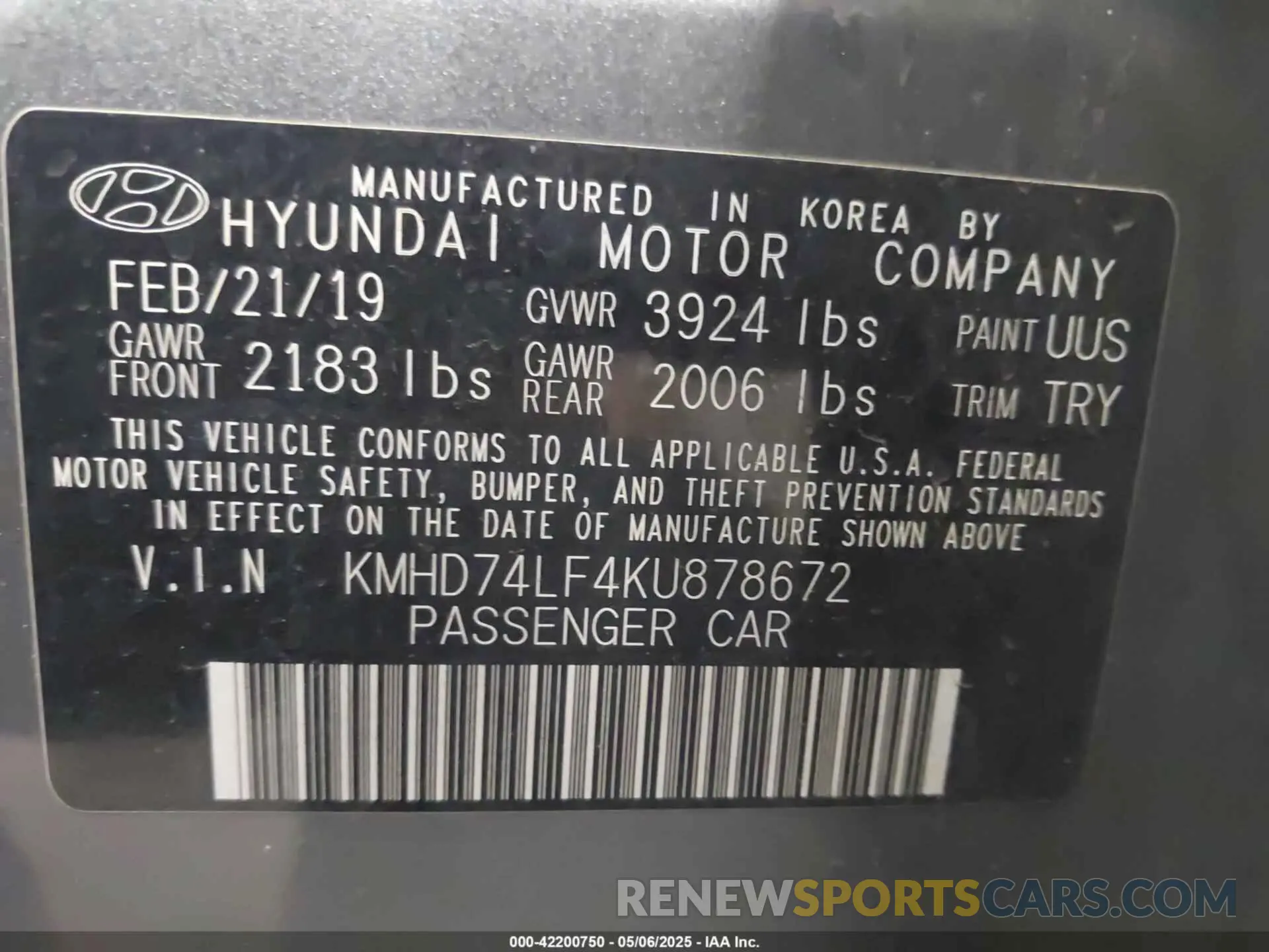 9 Photograph of a damaged car KMHD74LF4KU878672 HYUNDAI ELANTRA 2019