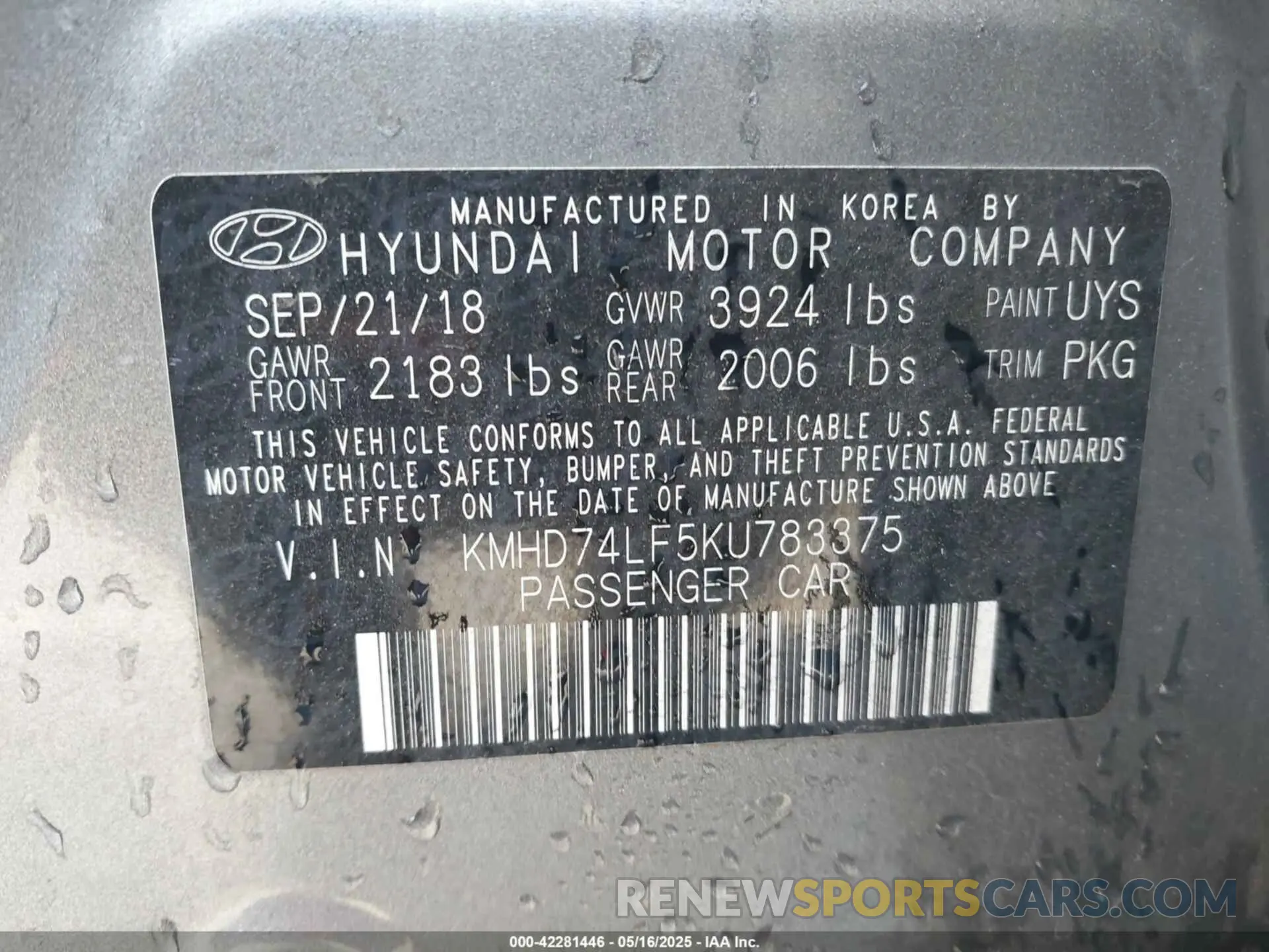 9 Фотография поврежденного автомобиля KMHD74LF5KU783375 HYUNDAI ELANTRA 2019