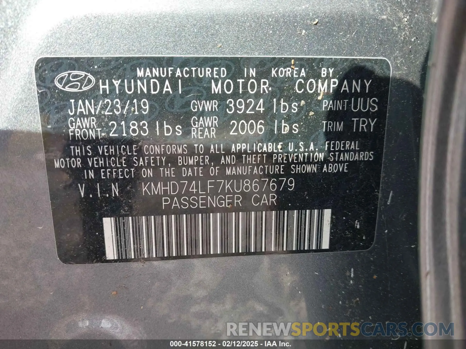 9 Photograph of a damaged car KMHD74LF7KU867679 HYUNDAI ELANTRA 2019