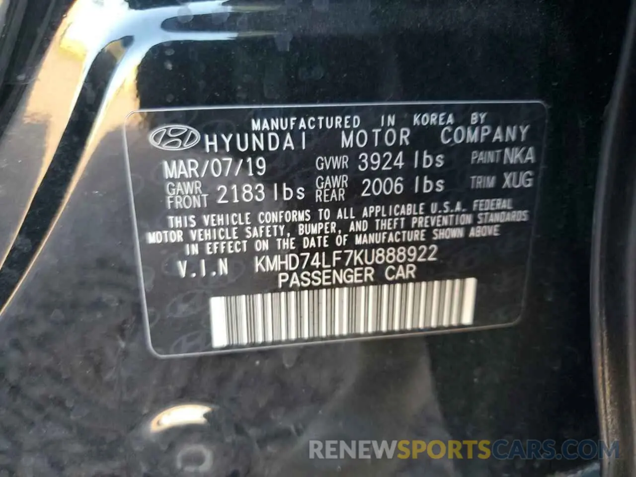 14 Фотография поврежденного автомобиля KMHD74LF7KU888922 HYUNDAI ELANTRA 2019