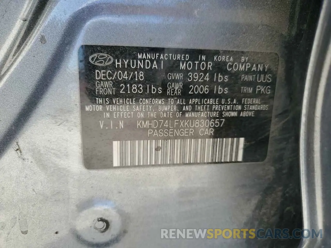 12 Photograph of a damaged car KMHD74LFXKU830657 HYUNDAI ELANTRA 2019