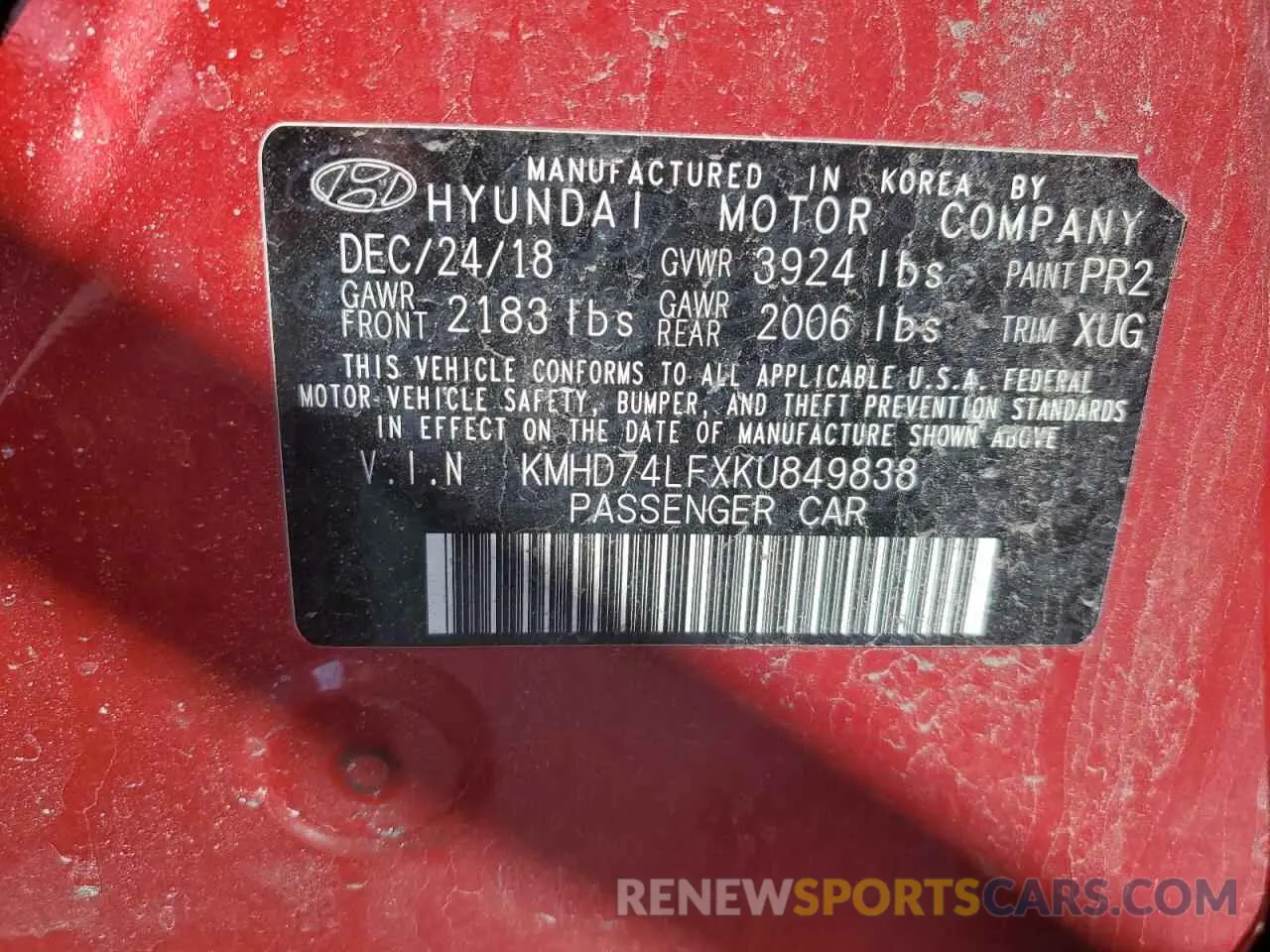 14 Photograph of a damaged car KMHD74LFXKU849838 HYUNDAI ELANTRA 2019