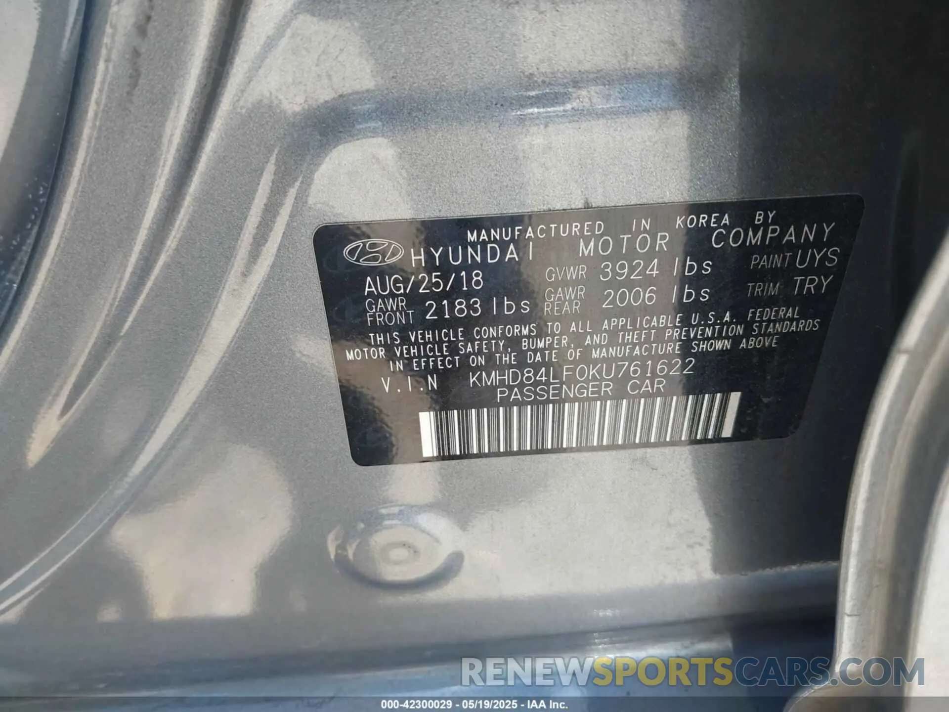 9 Photograph of a damaged car KMHD84LF0KU761622 HYUNDAI ELANTRA 2019