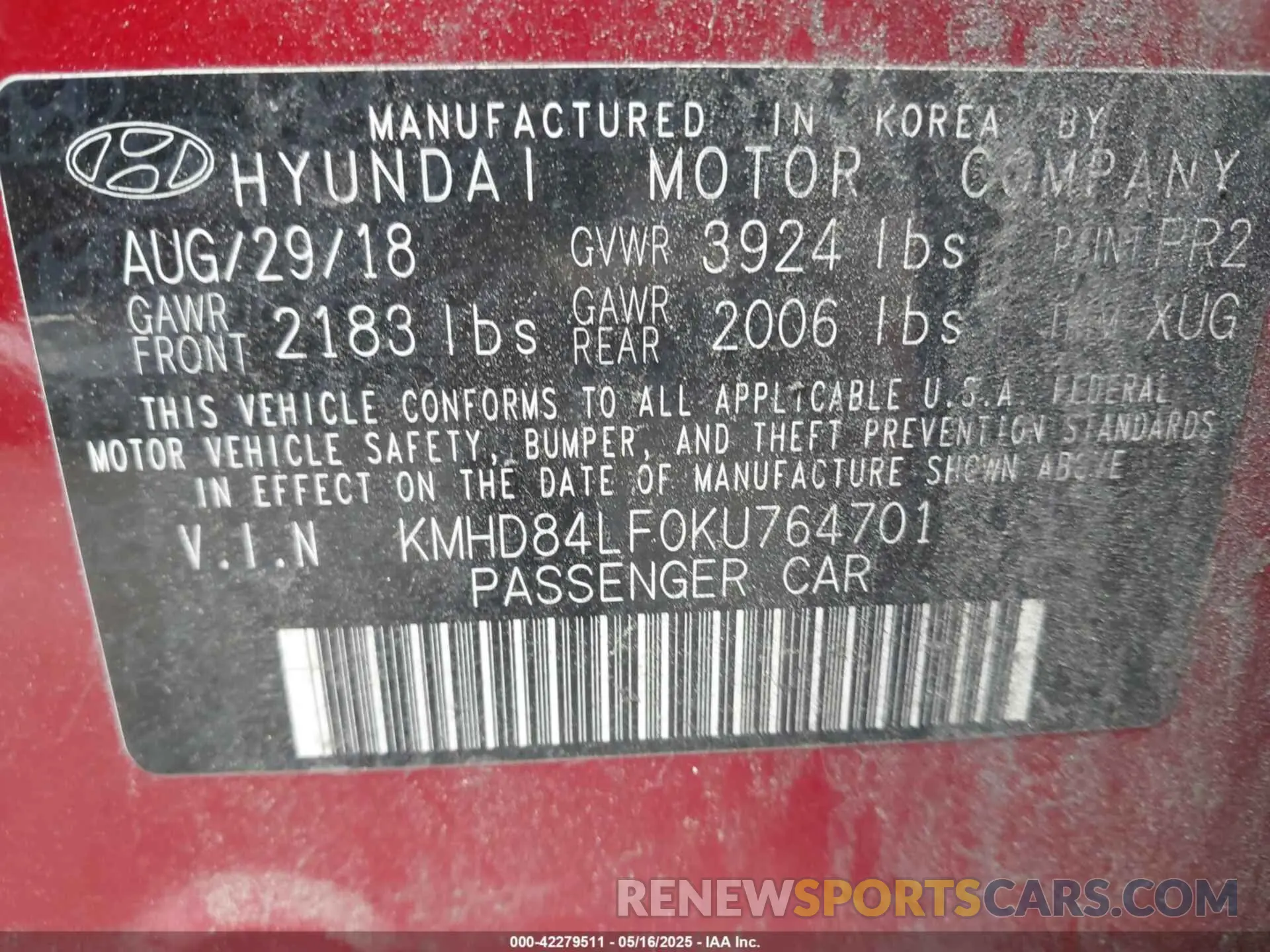 9 Photograph of a damaged car KMHD84LF0KU764701 HYUNDAI ELANTRA 2019