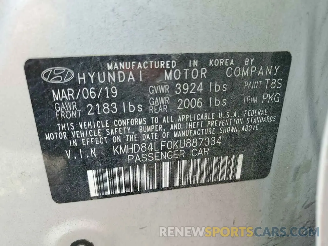 14 Фотография поврежденного автомобиля KMHD84LF0KU887334 HYUNDAI ELANTRA 2019
