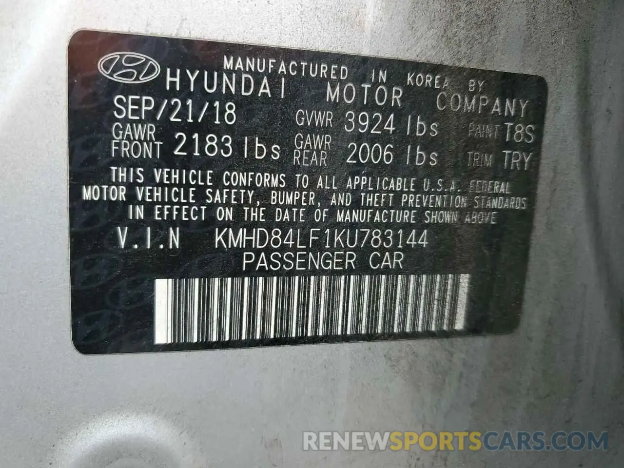 13 Photograph of a damaged car KMHD84LF1KU783144 HYUNDAI ELANTRA 2019