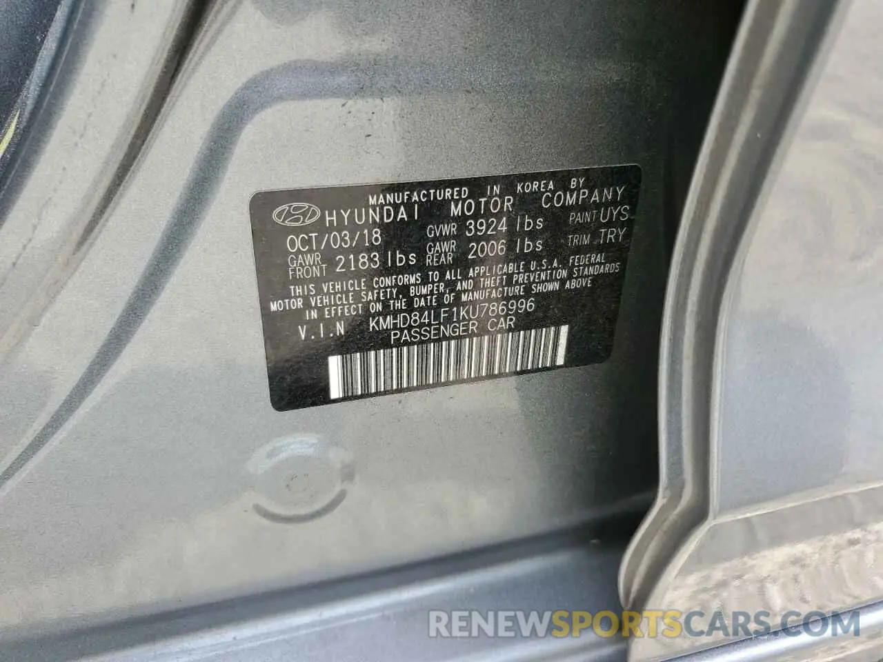 14 Фотография поврежденного автомобиля KMHD84LF1KU786996 HYUNDAI ELANTRA 2019