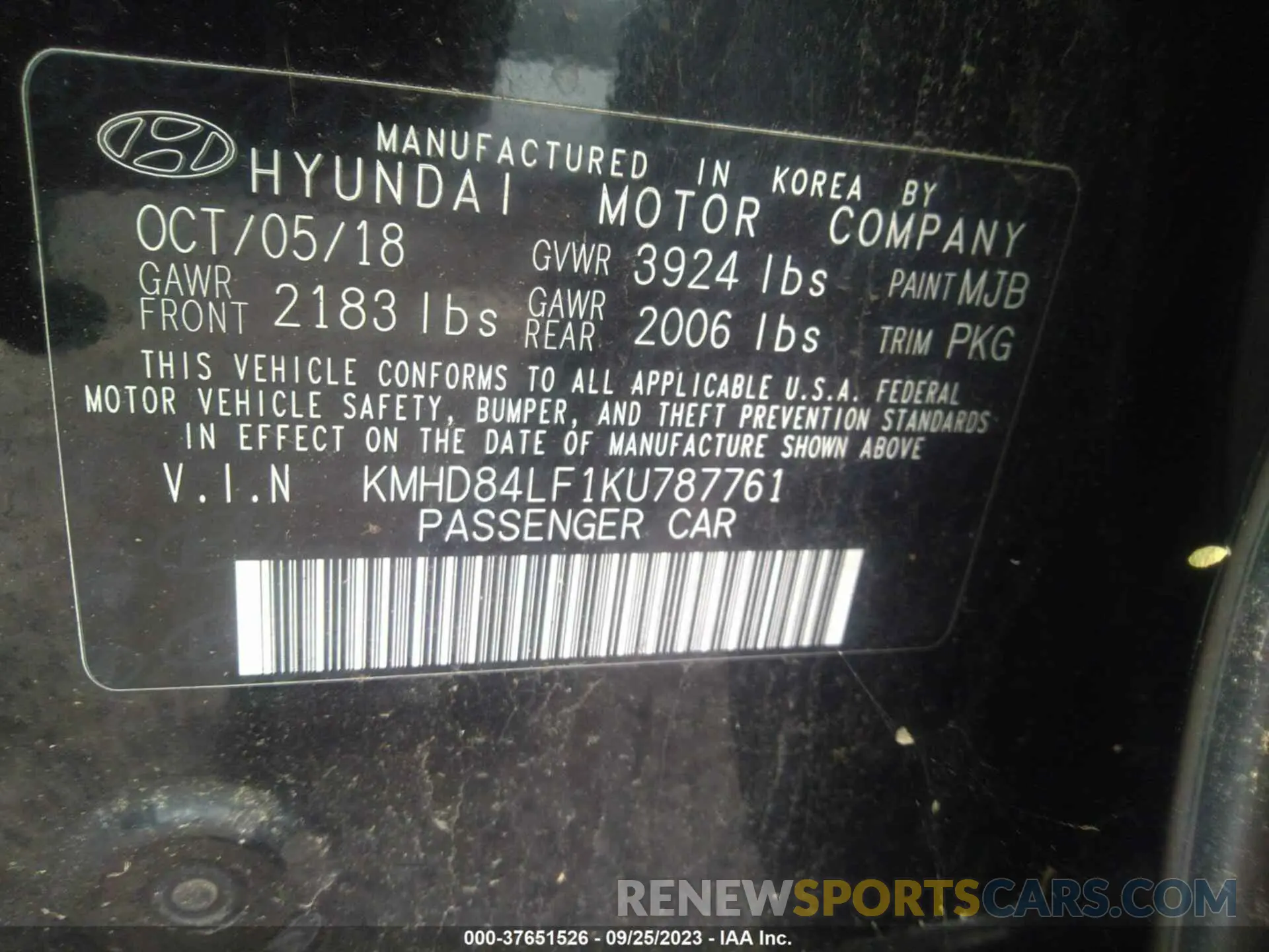 9 Photograph of a damaged car KMHD84LF1KU787761 HYUNDAI ELANTRA 2019