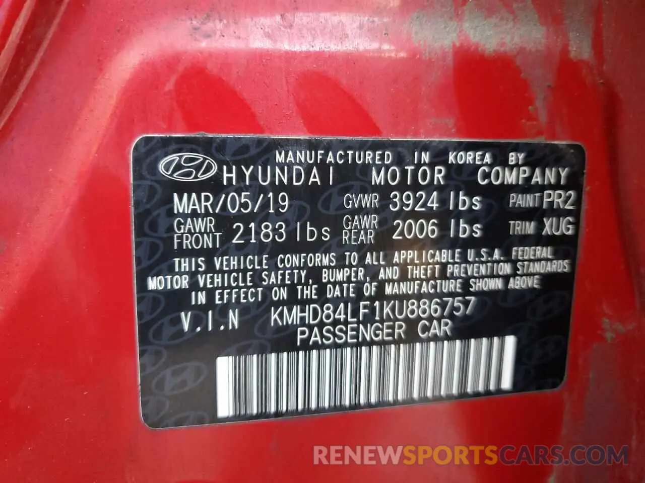 13 Фотография поврежденного автомобиля KMHD84LF1KU886757 HYUNDAI ELANTRA 2019
