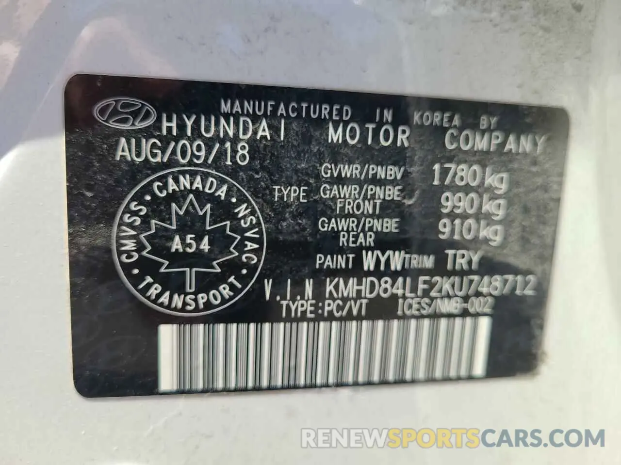 10 Photograph of a damaged car KMHD84LF2KU748712 HYUNDAI ELANTRA 2019