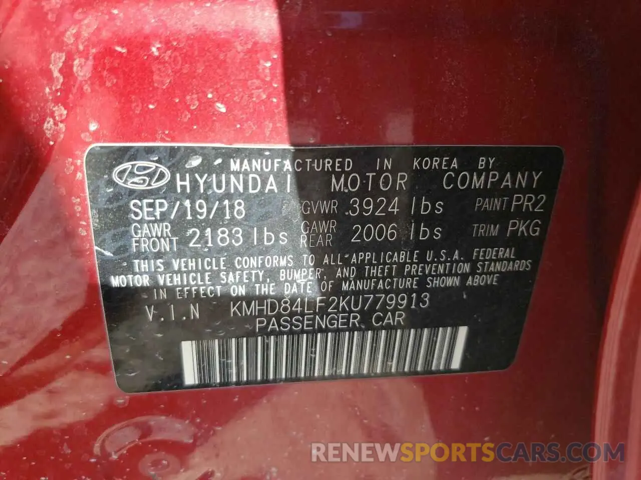 14 Photograph of a damaged car KMHD84LF2KU779913 HYUNDAI ELANTRA 2019