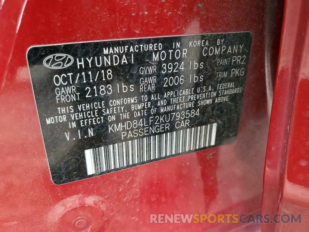 15 Photograph of a damaged car KMHD84LF2KU793584 HYUNDAI ELANTRA 2019