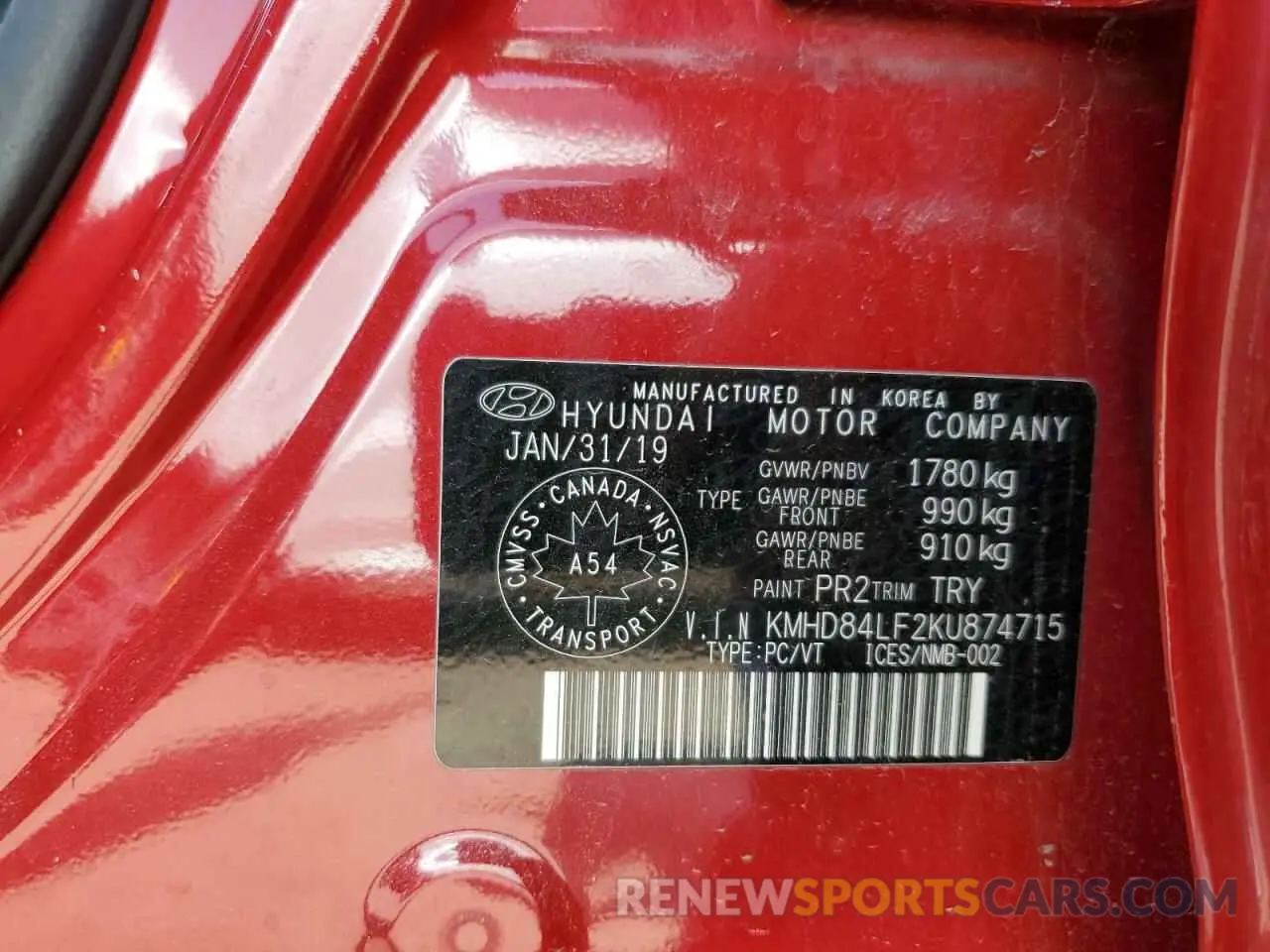 12 Фотография поврежденного автомобиля KMHD84LF2KU874715 HYUNDAI ELANTRA 2019