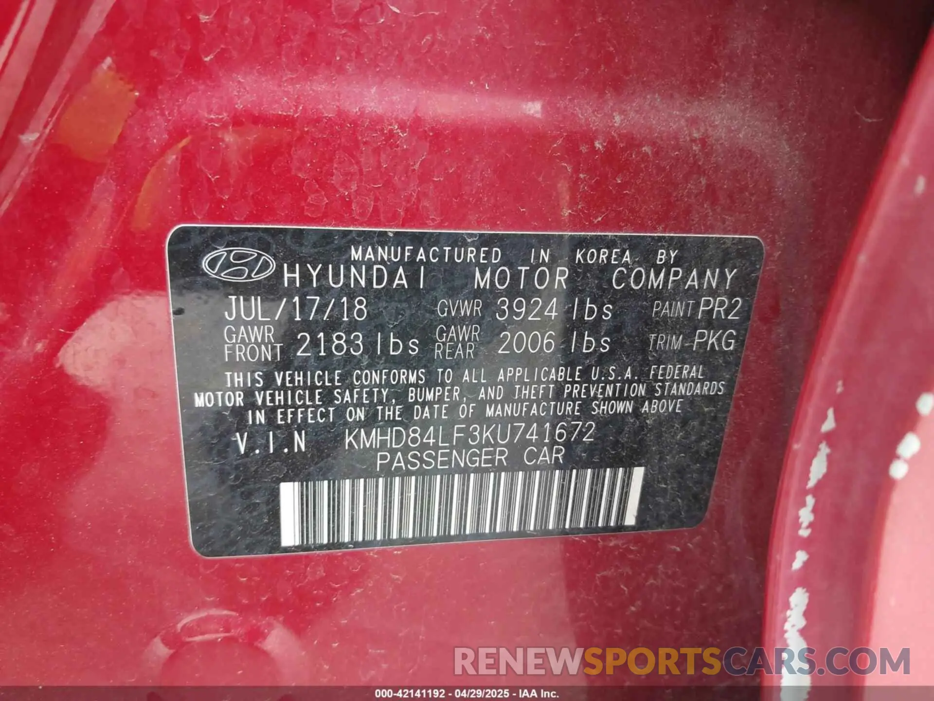 9 Photograph of a damaged car KMHD84LF3KU741672 HYUNDAI ELANTRA 2019