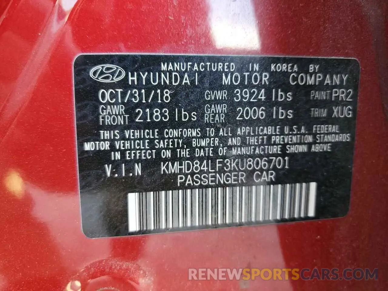 13 Photograph of a damaged car KMHD84LF3KU806701 HYUNDAI ELANTRA 2019
