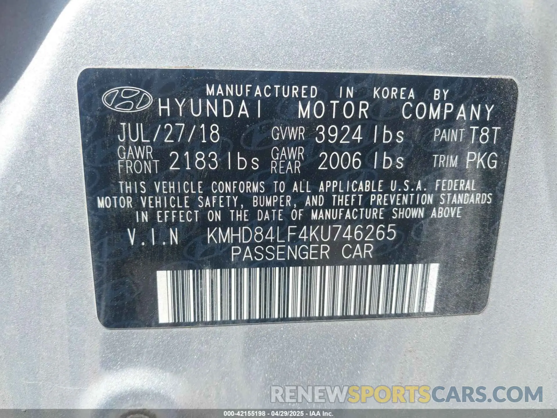 9 Photograph of a damaged car KMHD84LF4KU746265 HYUNDAI ELANTRA 2019