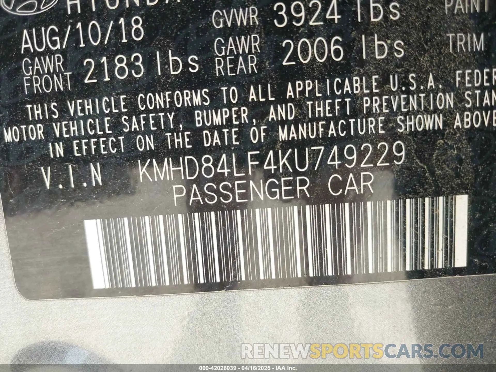 9 Photograph of a damaged car KMHD84LF4KU749229 HYUNDAI ELANTRA 2019