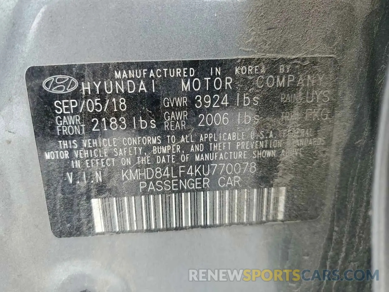 13 Photograph of a damaged car KMHD84LF4KU770078 HYUNDAI ELANTRA 2019