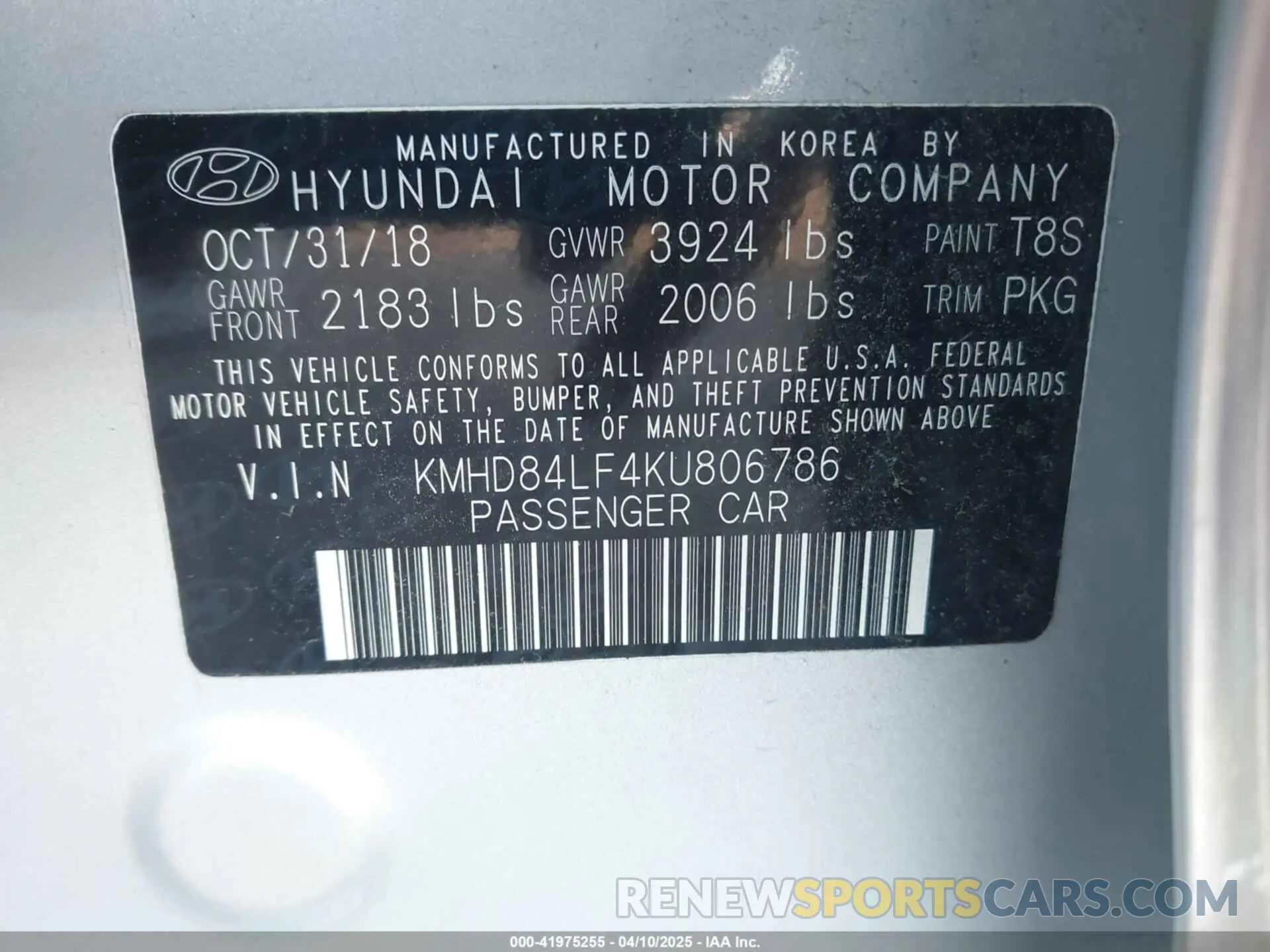 9 Photograph of a damaged car KMHD84LF4KU806786 HYUNDAI ELANTRA 2019