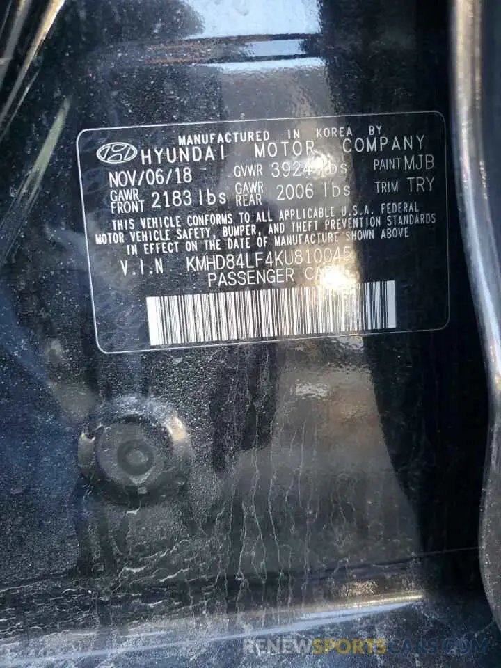 13 Photograph of a damaged car KMHD84LF4KU810045 HYUNDAI ELANTRA 2019