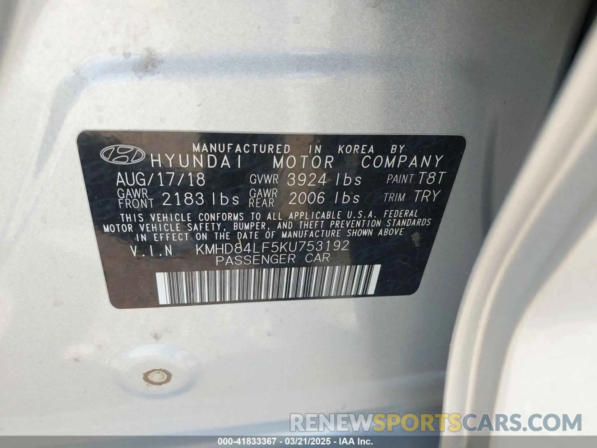 9 Photograph of a damaged car KMHD84LF5KU753192 HYUNDAI ELANTRA 2019