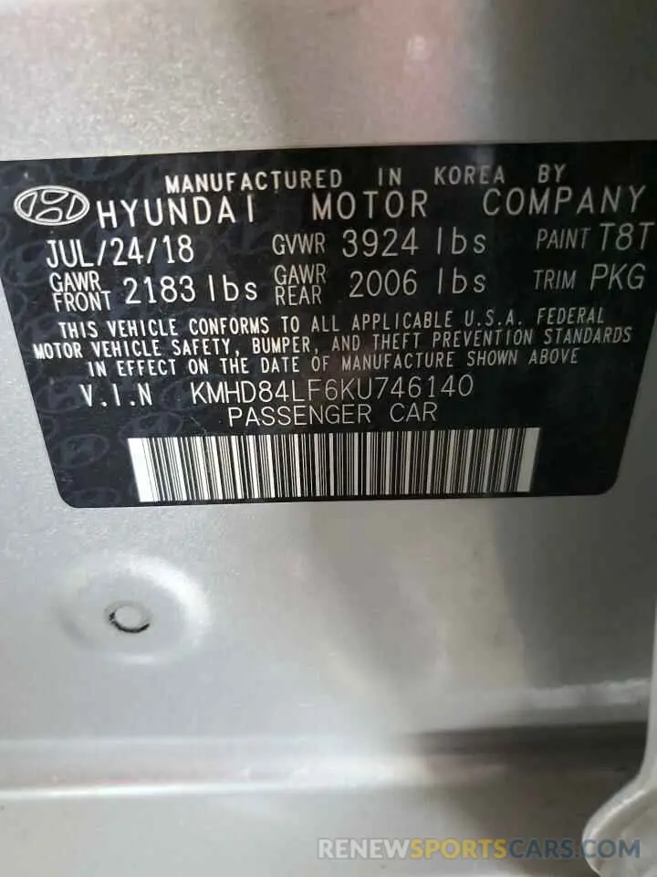 13 Photograph of a damaged car KMHD84LF6KU746140 HYUNDAI ELANTRA 2019