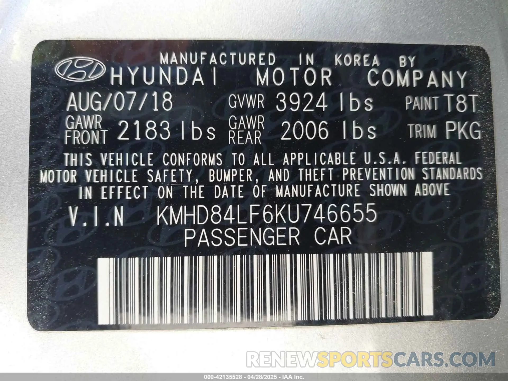 9 Photograph of a damaged car KMHD84LF6KU746655 HYUNDAI ELANTRA 2019