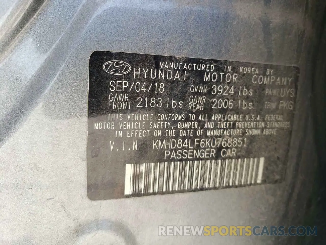 13 Photograph of a damaged car KMHD84LF6KU768851 HYUNDAI ELANTRA 2019