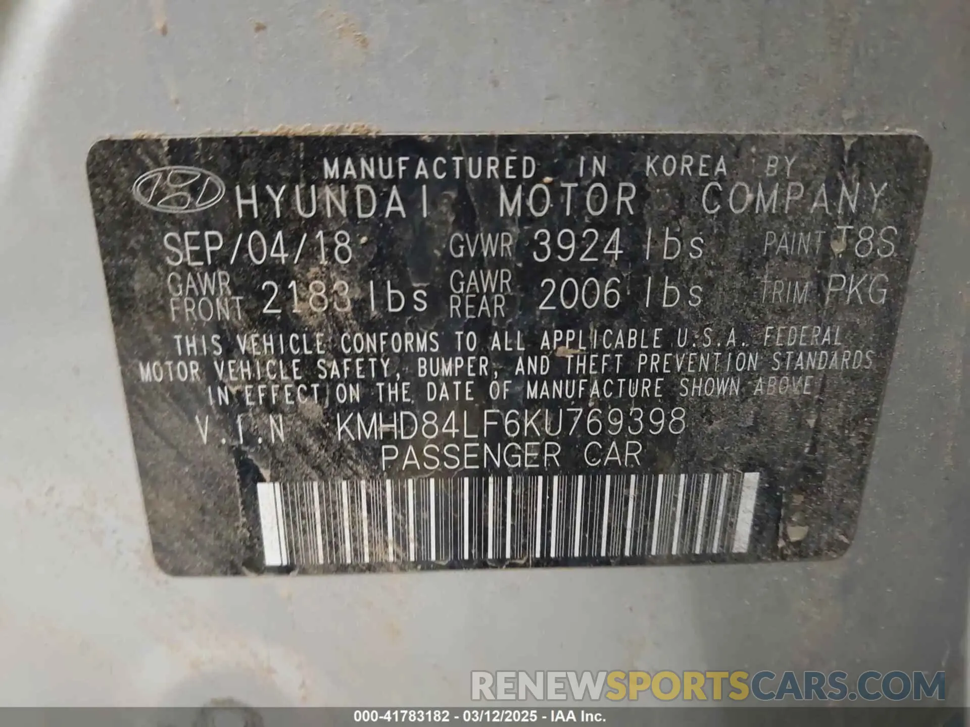 9 Photograph of a damaged car KMHD84LF6KU769398 HYUNDAI ELANTRA 2019