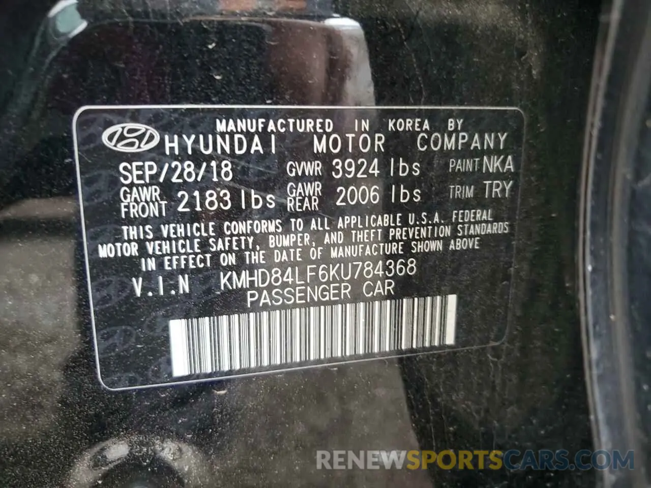 12 Фотография поврежденного автомобиля KMHD84LF6KU784368 HYUNDAI ELANTRA 2019