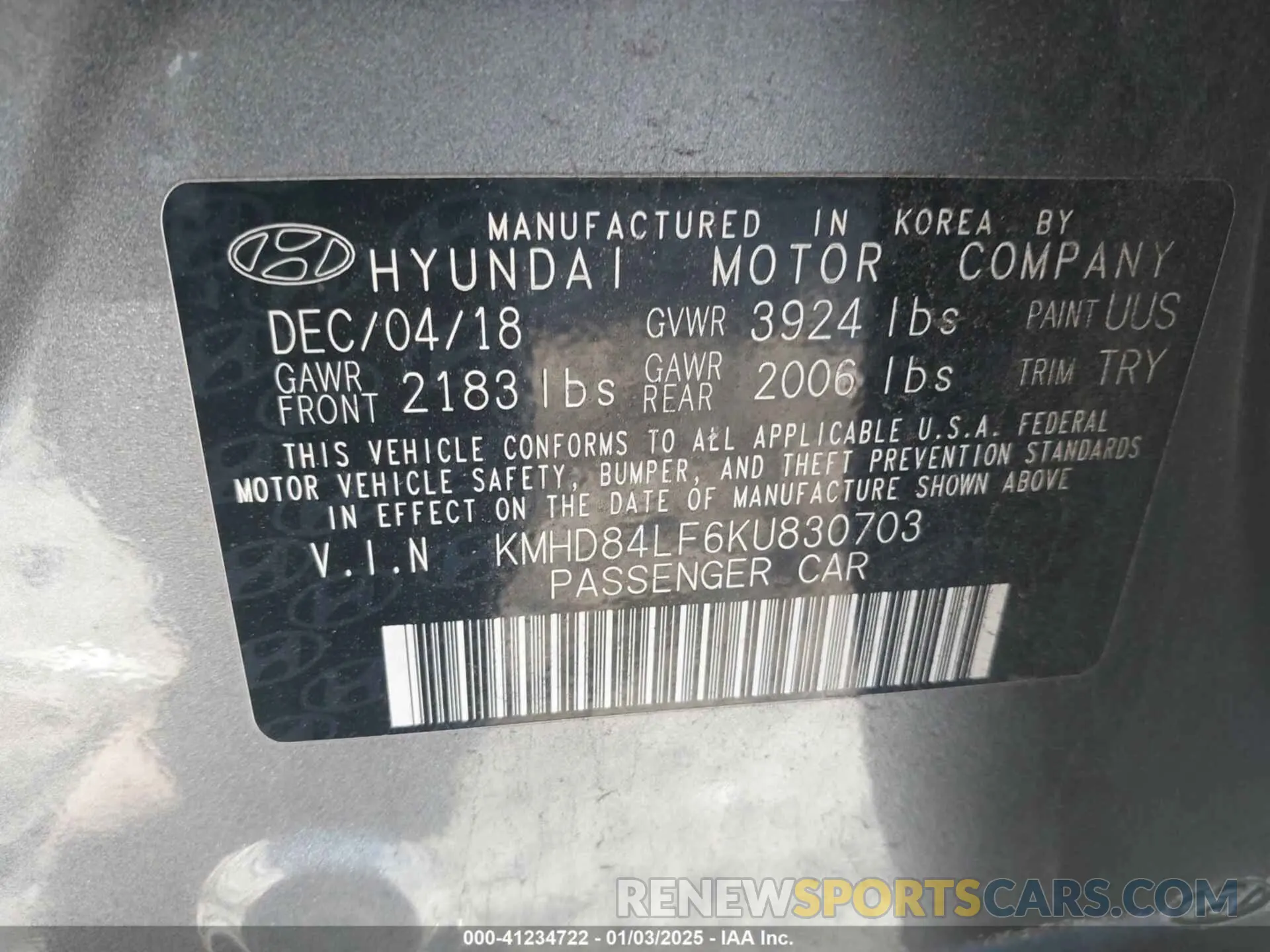 9 Фотография поврежденного автомобиля KMHD84LF6KU830703 HYUNDAI ELANTRA 2019
