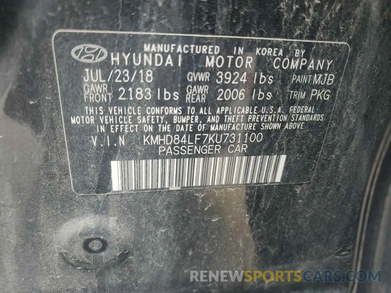 12 Фотография поврежденного автомобиля KMHD84LF7KU731100 HYUNDAI ELANTRA 2019