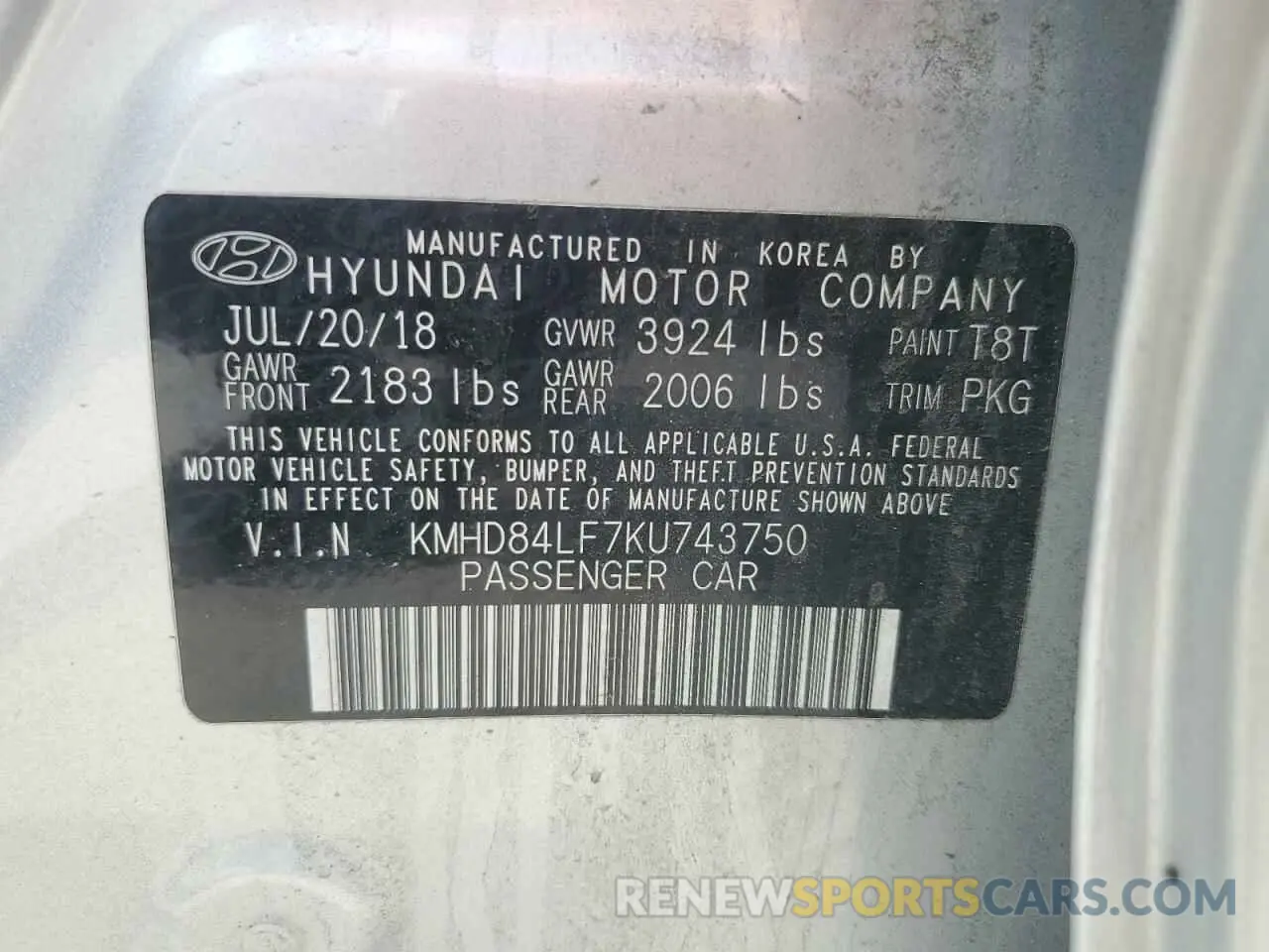 12 Photograph of a damaged car KMHD84LF7KU743750 HYUNDAI ELANTRA 2019