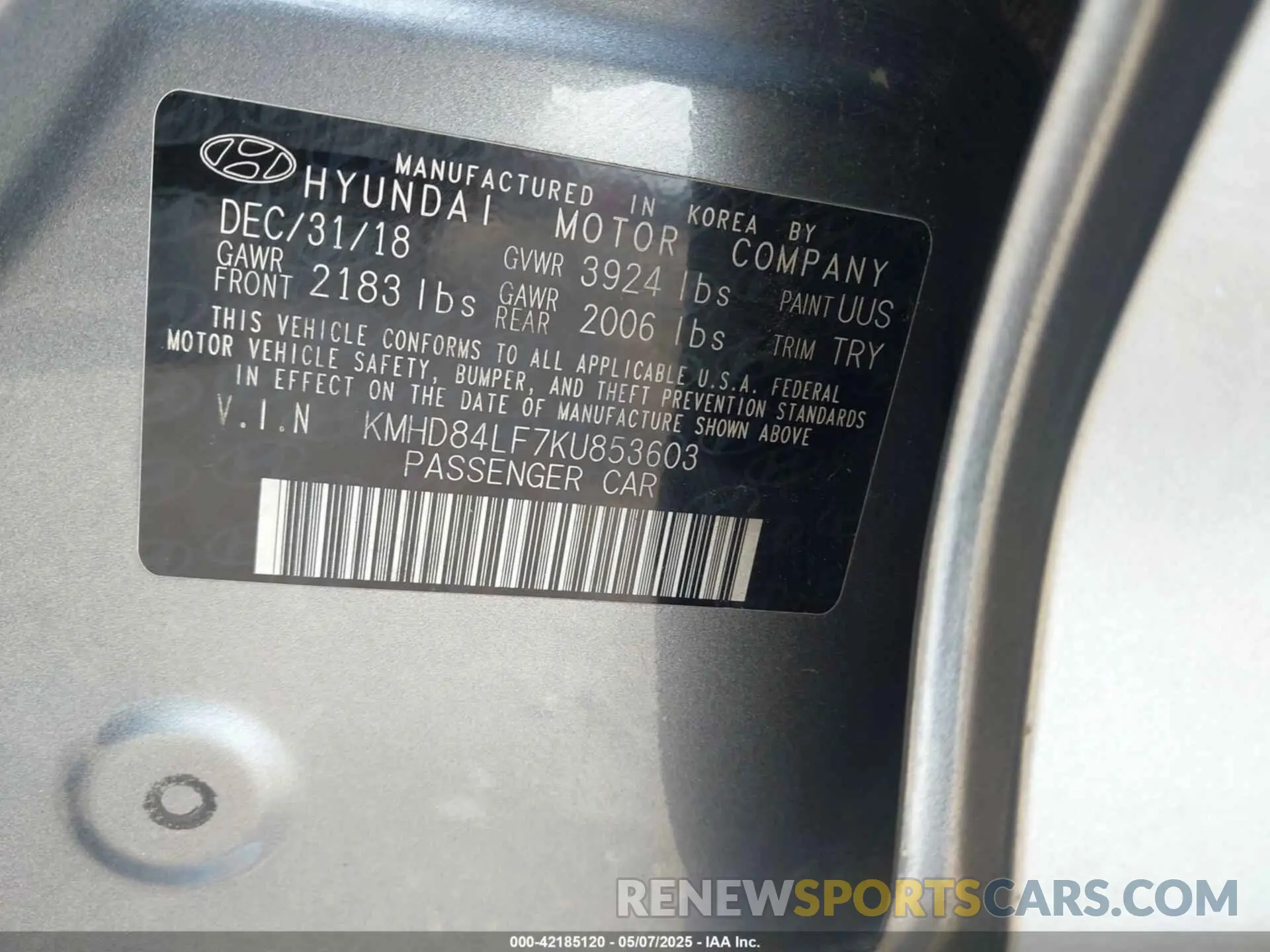 9 Photograph of a damaged car KMHD84LF7KU853603 HYUNDAI ELANTRA 2019